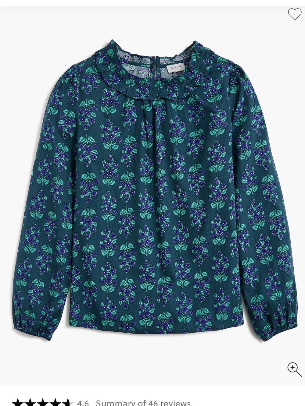 J. Crew Floral Ruffle-Neck Blouse w/Purple and Green Prin